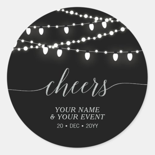 Black  Silver String Lights Cheers Party Favor Classic Round Sticker
