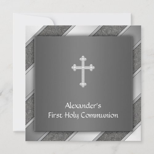 Black Silver Stripe Boy First Communion Invitation