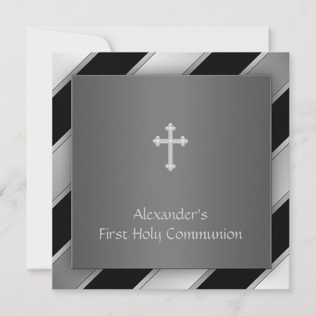 Black Silver Stripe Boy First Communion Invitation (Front)