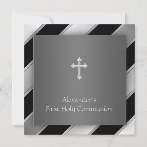 Black Silver Stripe Boy First Communion Invitation