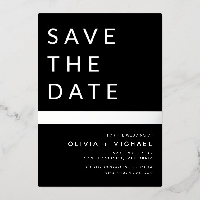 Black Silver Stripe Save the Date Elegant  Foil Invitation (Front)