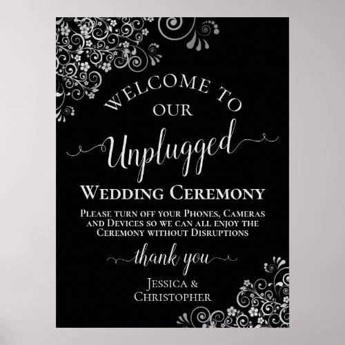Black  Silver Stylish Unplugged Wedding Ceremony Poster