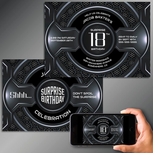 Black Silver Surprise 18th Birthday Party Invitation