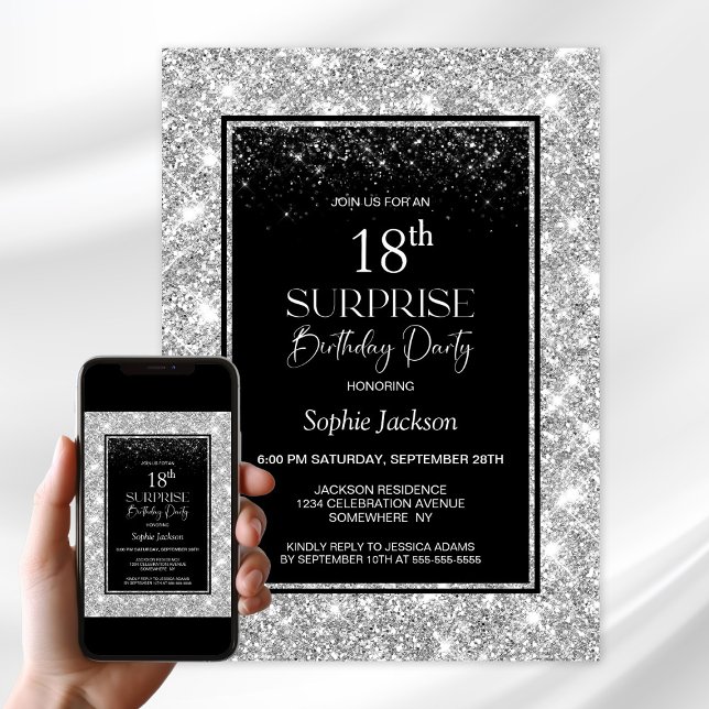 Black Silver Surprise 18th Birthday Party Invitation (Creator Uploaded)