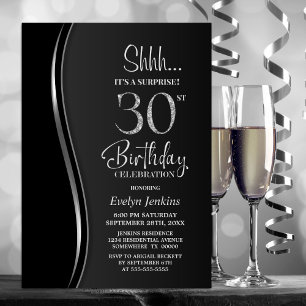 Black Silver Surprise 30th Birthday Invitation