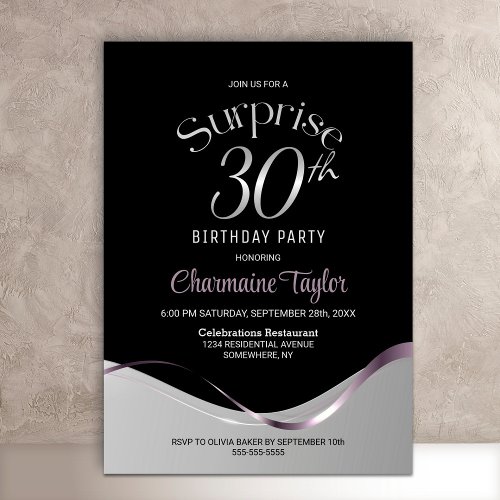 Black Silver Surprise 30th Birthday Party Invitation