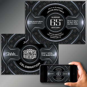 Black Silver Surprise 65th Birthday Party Invitation