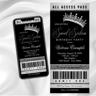 Black Silver Sweet 16 Any Number Invitation