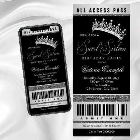 Black Silver Sweet 16  Any Number Invitation