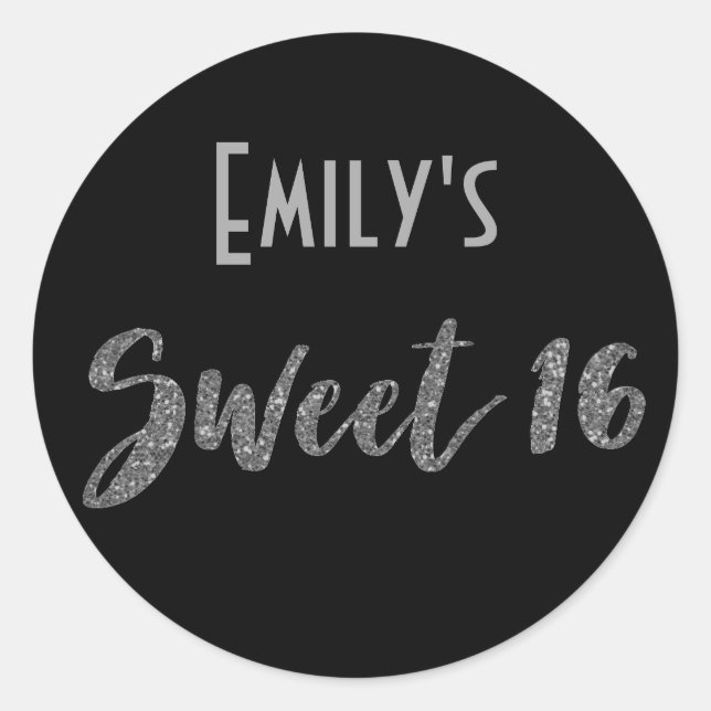 Black Silver Sweet 16 with Name Classic Round Sticker (Front)