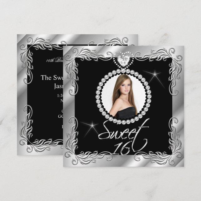 Black Silver Sweet Sixteen Sweet 16 Photo Invitation (Front/Back)