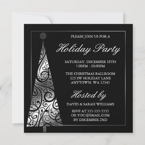 Black Silver Swirl Christmas Tree Holiday Party Announcement