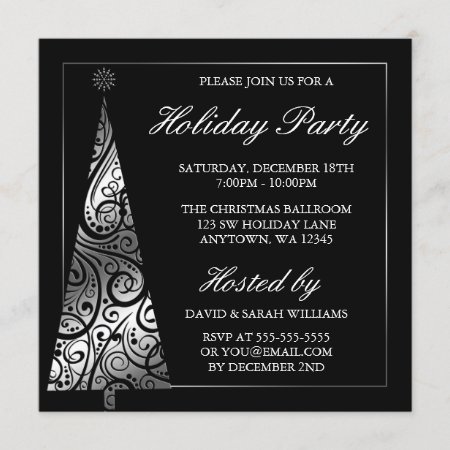 Black Silver Swirl Christmas Tree Holiday Party Invitation