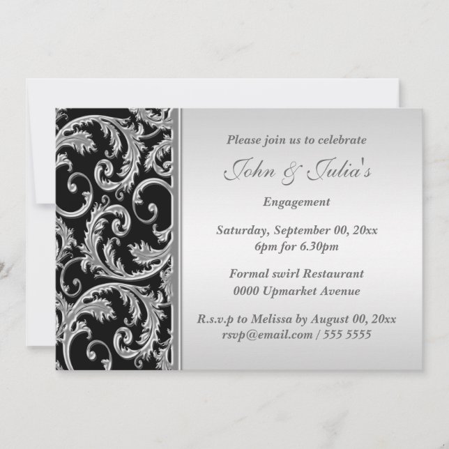 Black silver swirl engagement anniversary CUSTOM Invitation (Front)