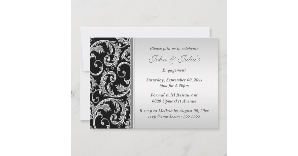 Black silver swirl engagement anniversary CUSTOM Invitation | Zazzle