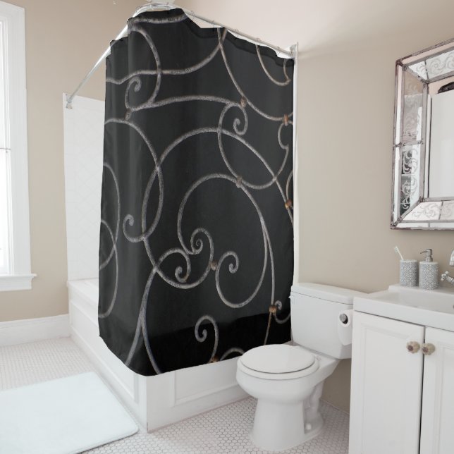 Black/ Silver Swirls Bathroom Shower Curtain (In Situ)