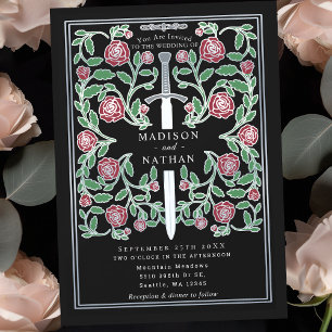 Black Silver Sword Floral Medieval Fantasy Wedding Invitation