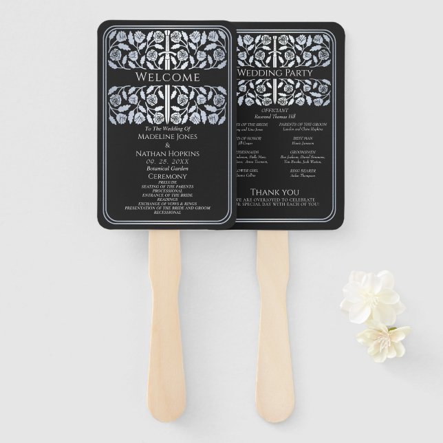 Black Silver Sword Royal Wedding Program Hand Fan (Front and Back)