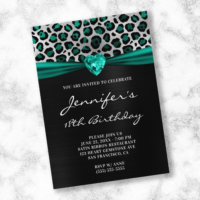 Black Silver Teal Green Leopard Foil 18th Birthday Invitation (Creator Uploaded)