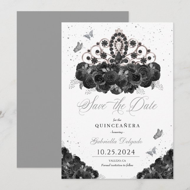 Black & Silver Tiara Save The Date Quinceañera Invitation (Front/Back)