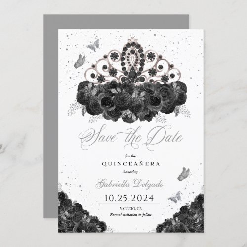 Black  Silver Tiara Save The Date Quinceaera Invitation