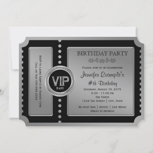 Black Silver Ticket birthday Party Invitation