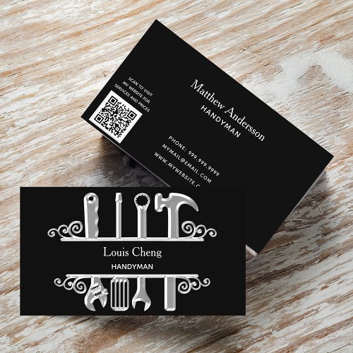 Black silver tools home repairs contractor QR code Business Card