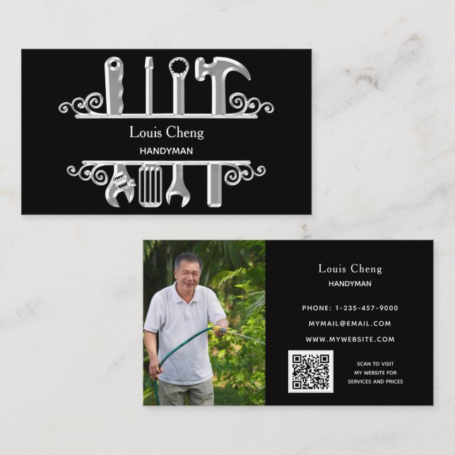 Black silver tools home repairs photo QR code Business Card (Front/Back)