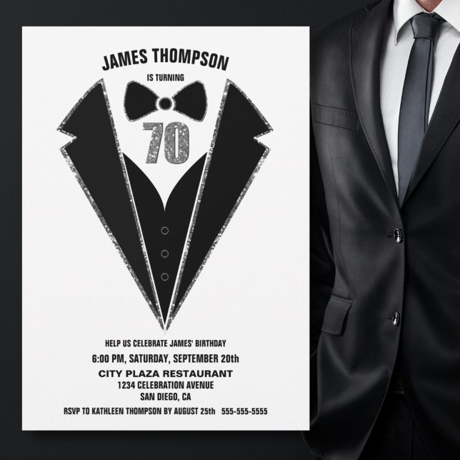 Black Silver Tuxedo 70th Birthday Party Invitation (Creator Uploaded)