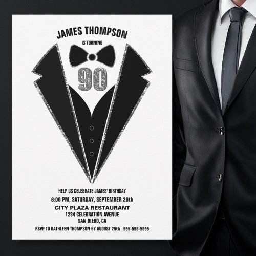 Black Silver Tuxedo 90th Birthday Party Invitation