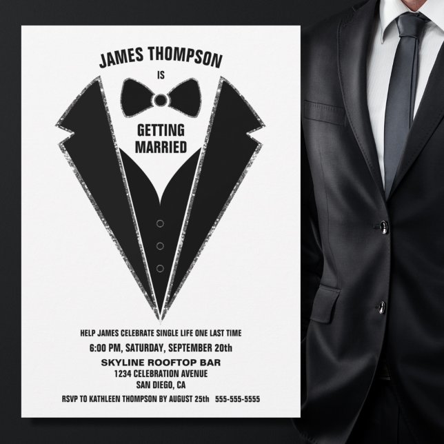 Black Silver Tuxedo Bachelor Party Invitation (Creator Uploaded)