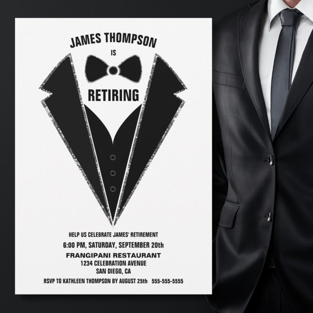 Black Silver Tuxedo Retirement Party Invitation (Creator Uploaded)