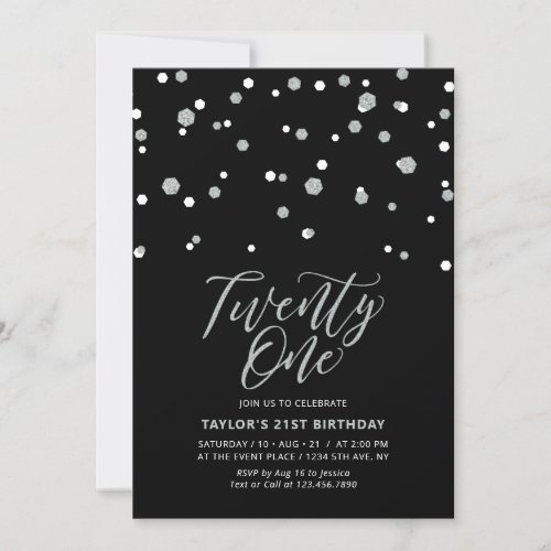 Black  Silver Twenty One 21st Birthday Party Invi Invitation