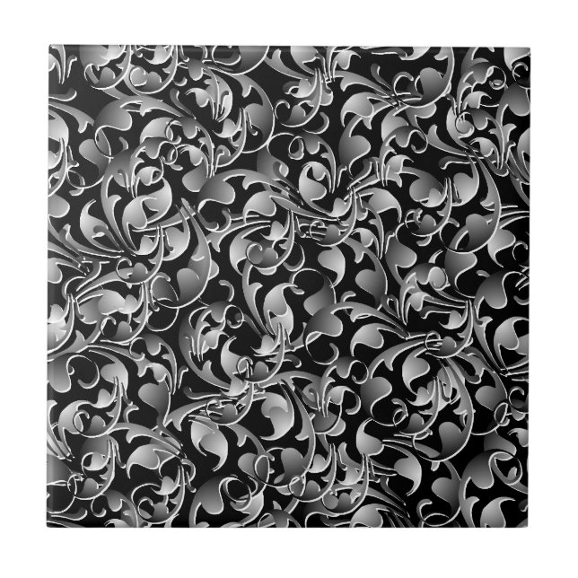 Black & Silver Twining Leaves Ceramic Tile (Front)