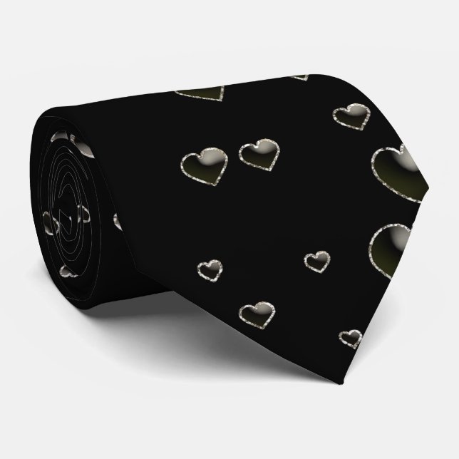 Black Silver Valentine Heart Men's Tie (Rolled)