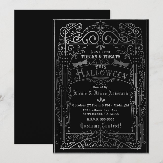 Black & Silver Vintage Victorian Deco Halloween Invitation (Front/Back)