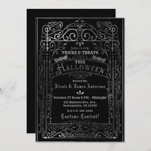 Black  Silver Vintage Victorian Deco Halloween Invitation