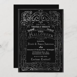 Black & Silver Vintage Victorian Deco Halloween Invitation