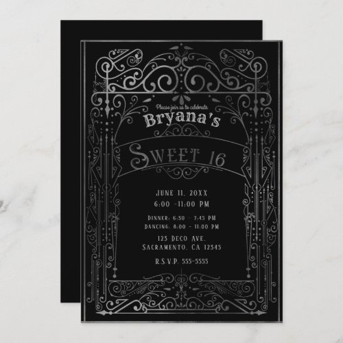 Black  Silver Vintage Victorian Deco Sweet 16 Invitation