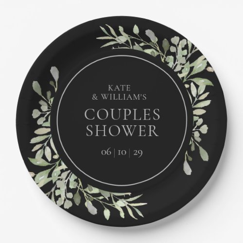 Black Silver Watercolour Greenery Couples Shower Paper Plates