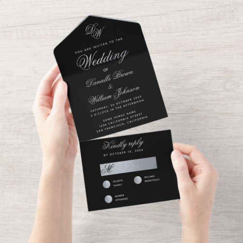 Black Silver Wedding Monogram Elegant Calligraphy  All In One Invitation