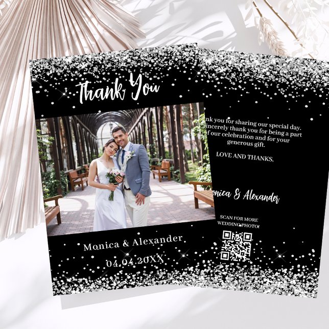Black silver wedding photo QR code thank you card (Creator Uploaded)