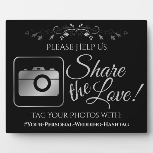 Black  Silver Wedding Photo Share Hashtag Sign Plaque
