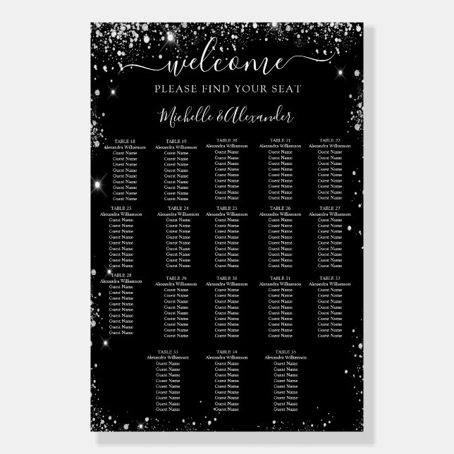 Black silver wedding seating chart 18 tables foam board (Front)