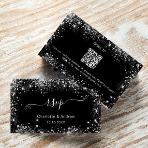 Black silver wedding website RSVP QR code Enclosure Card