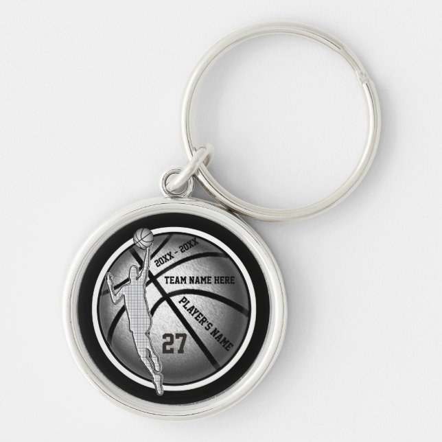Black, Silver, White, Basketball Gifts for Boys Keychain (Front)