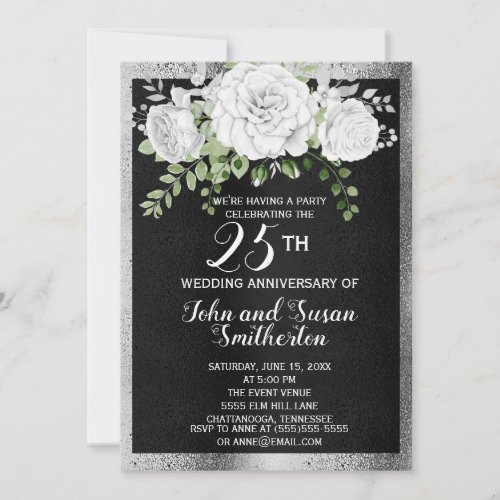 Black Silver White Floral 25th Wedding Anniversary Invitation