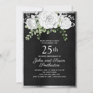 Black Silver White Floral 25th Wedding Anniversary Invitation