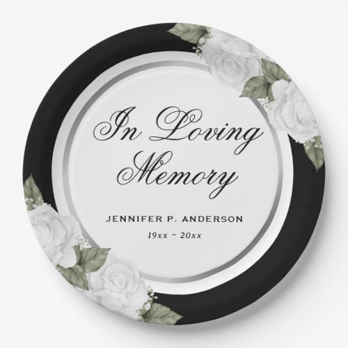 Black Silver White Floral Memorial Funeral Paper Plates