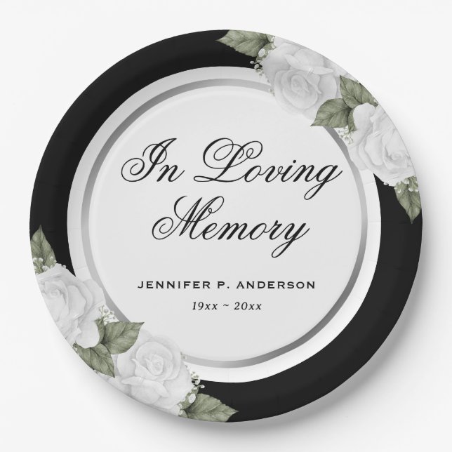 Black Silver White Floral Memorial Funeral Paper Plates (Front)
